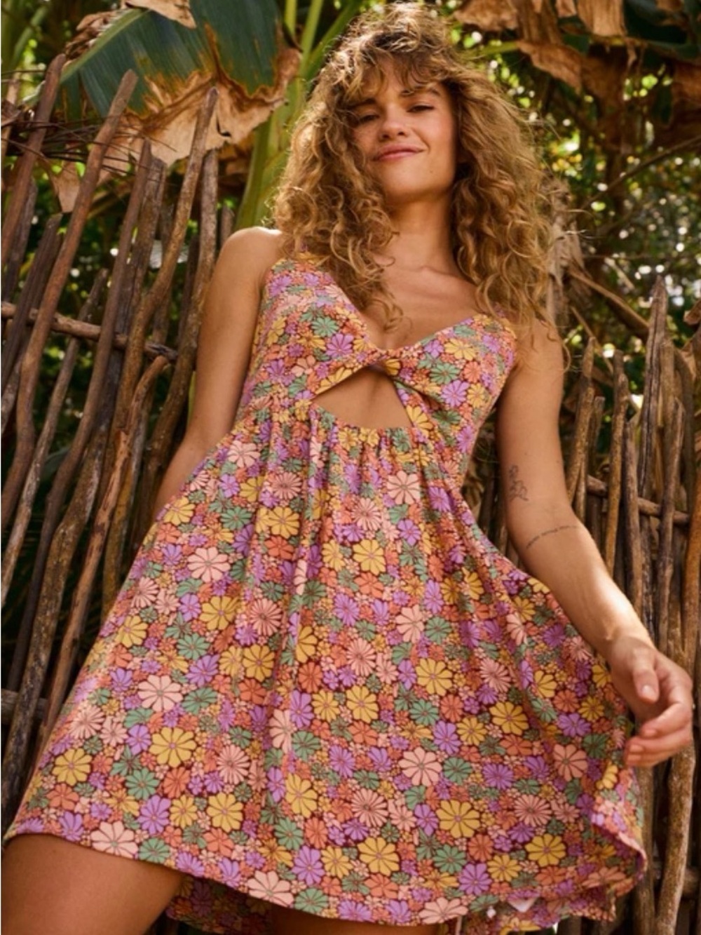 Roxy Evening Glow Pink Orange Yellow Floral Cutout Mini Dress